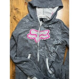Fox Racing Zip Up Hoodie Gray Pink Graphic Print Athleisure Women's Size L